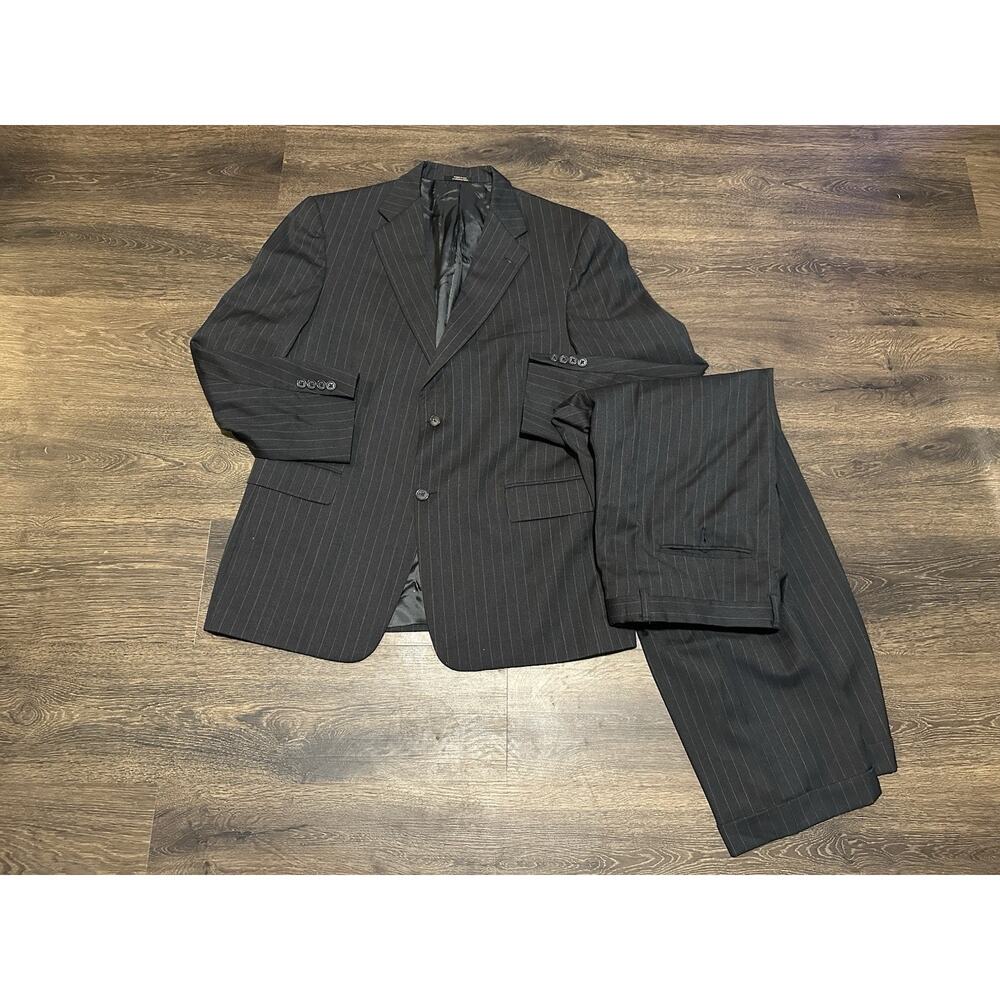 Hart Schaffner Marx Men's 2-Piece Suit Black White Pinstripe Made In USA SZ 44